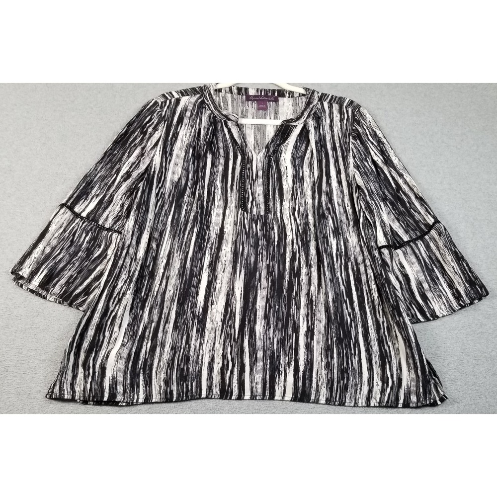 Gloria Vanderbilt Blouse Women's L Large Black Gray Abstract Striped Bell Sleeve